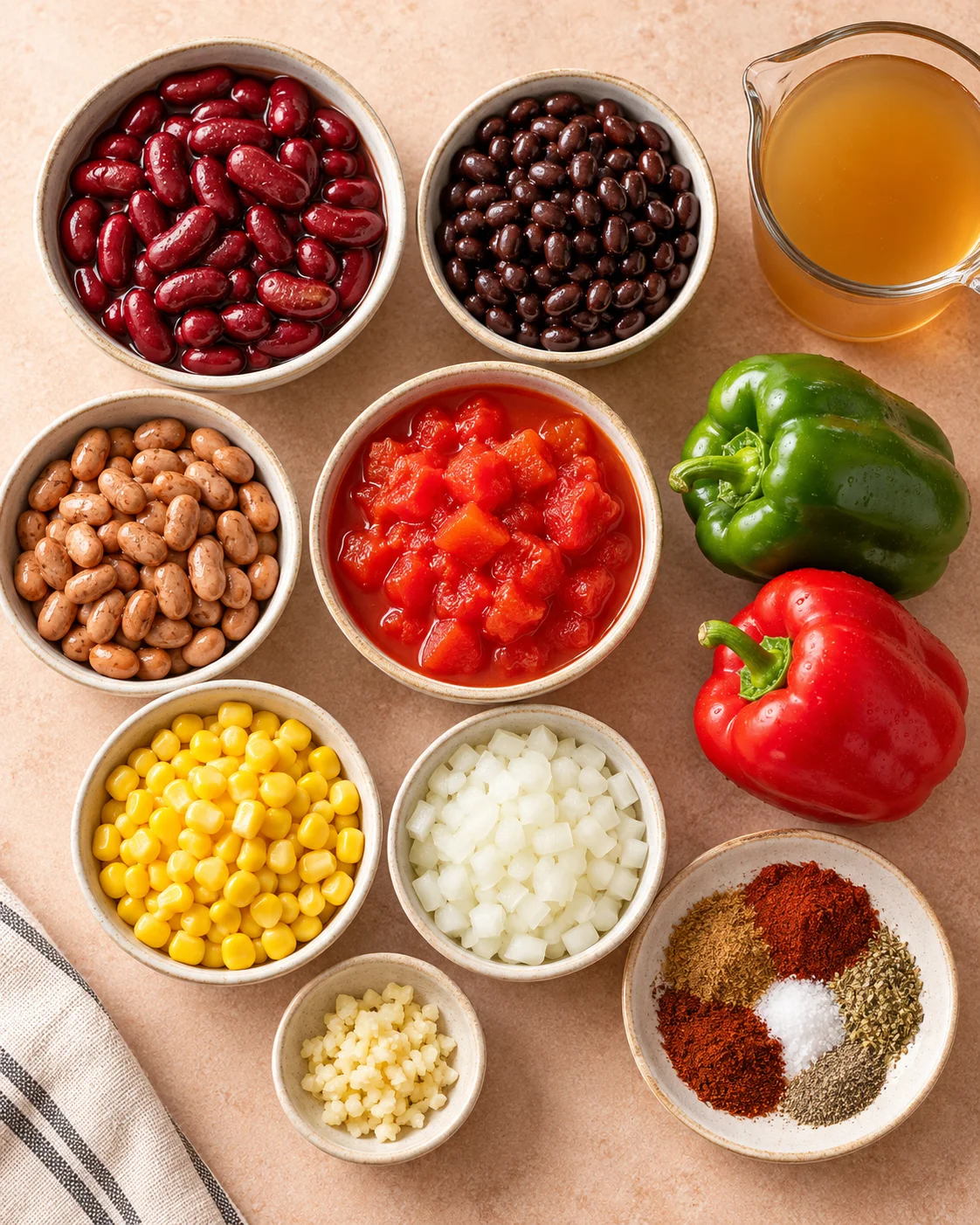 Top-down key ingredients for Slow Cooker Vegetarian Chili Recipe (Three-Bean Chili)