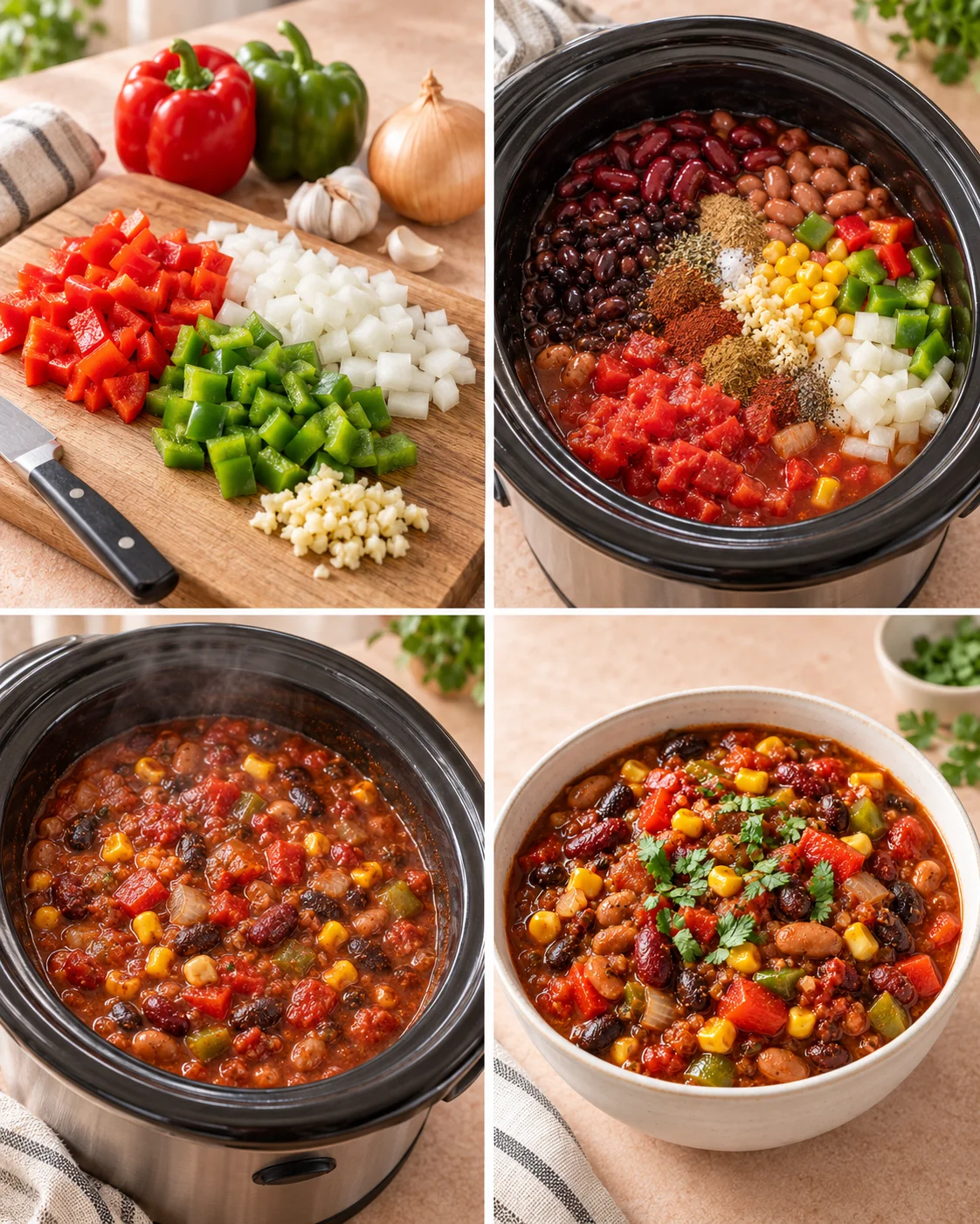 Four-step process showing how to prepare Slow Cooker Vegetarian Chili Recipe (Three-Bean Chili)