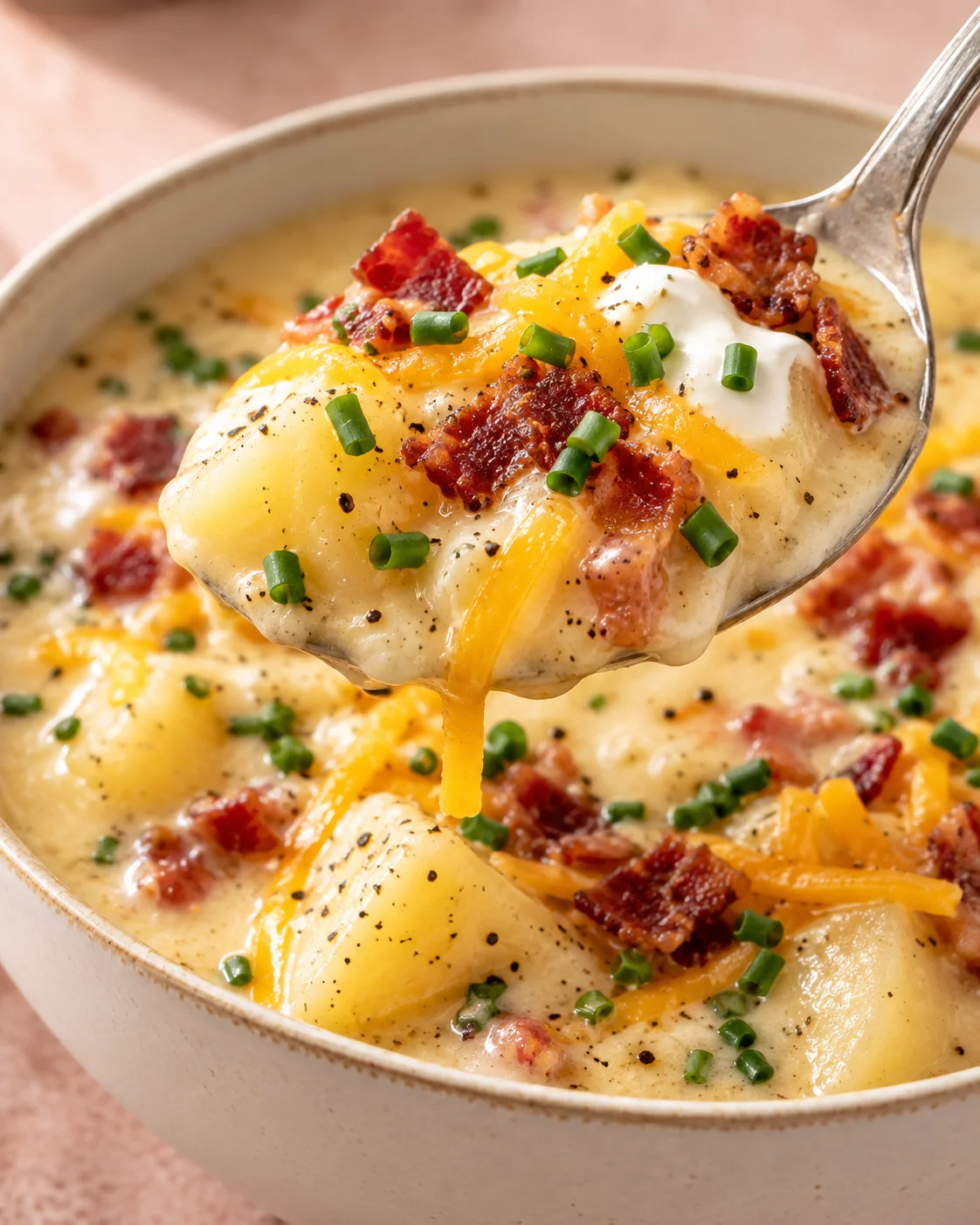Texture close-up showing tender shredded chicken, hearty noodles, vegetables, and clear soup broth