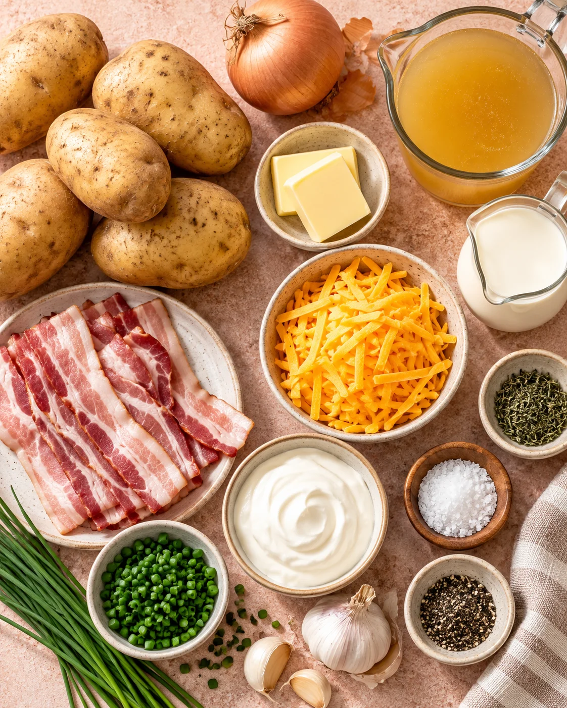 Top-down ingredients for chicken noodle soup including chicken, noodles, carrots, celery, onion, garlic, and herbs