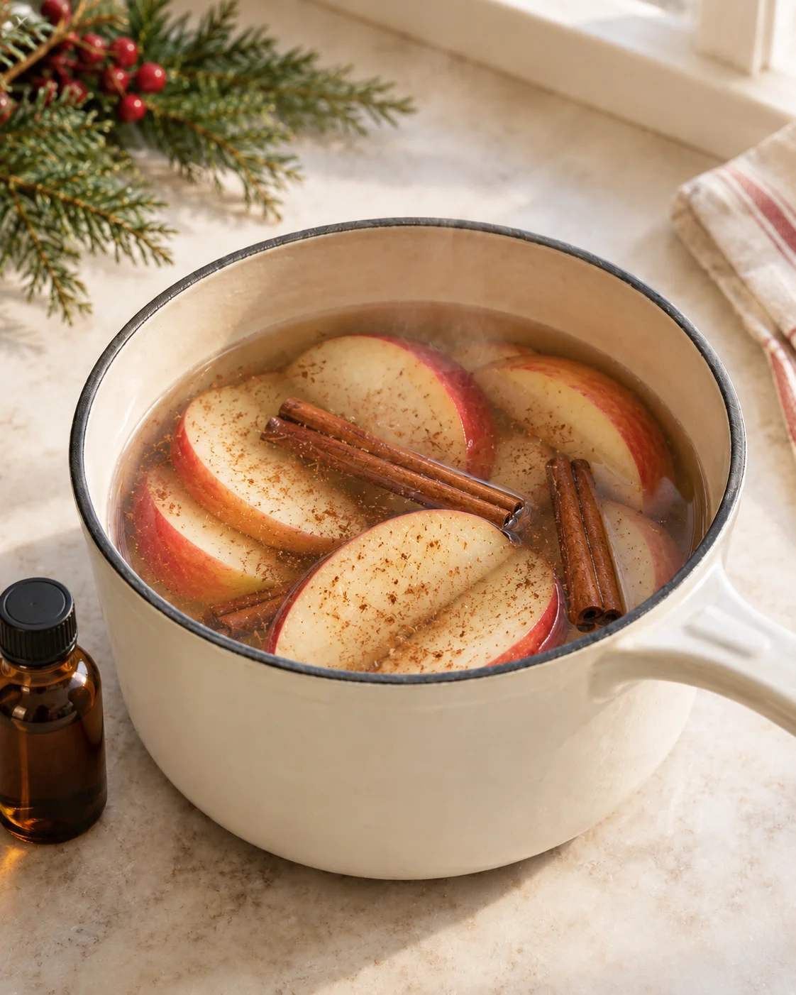 Apple slices, cinnamon sticks, and ground spice in a steaming saucepan with an amber bottle nearby