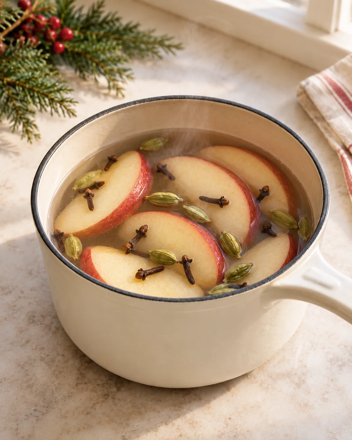 Apple slices, cloves, and green cardamom pods in a steaming pale enamel saucepan
