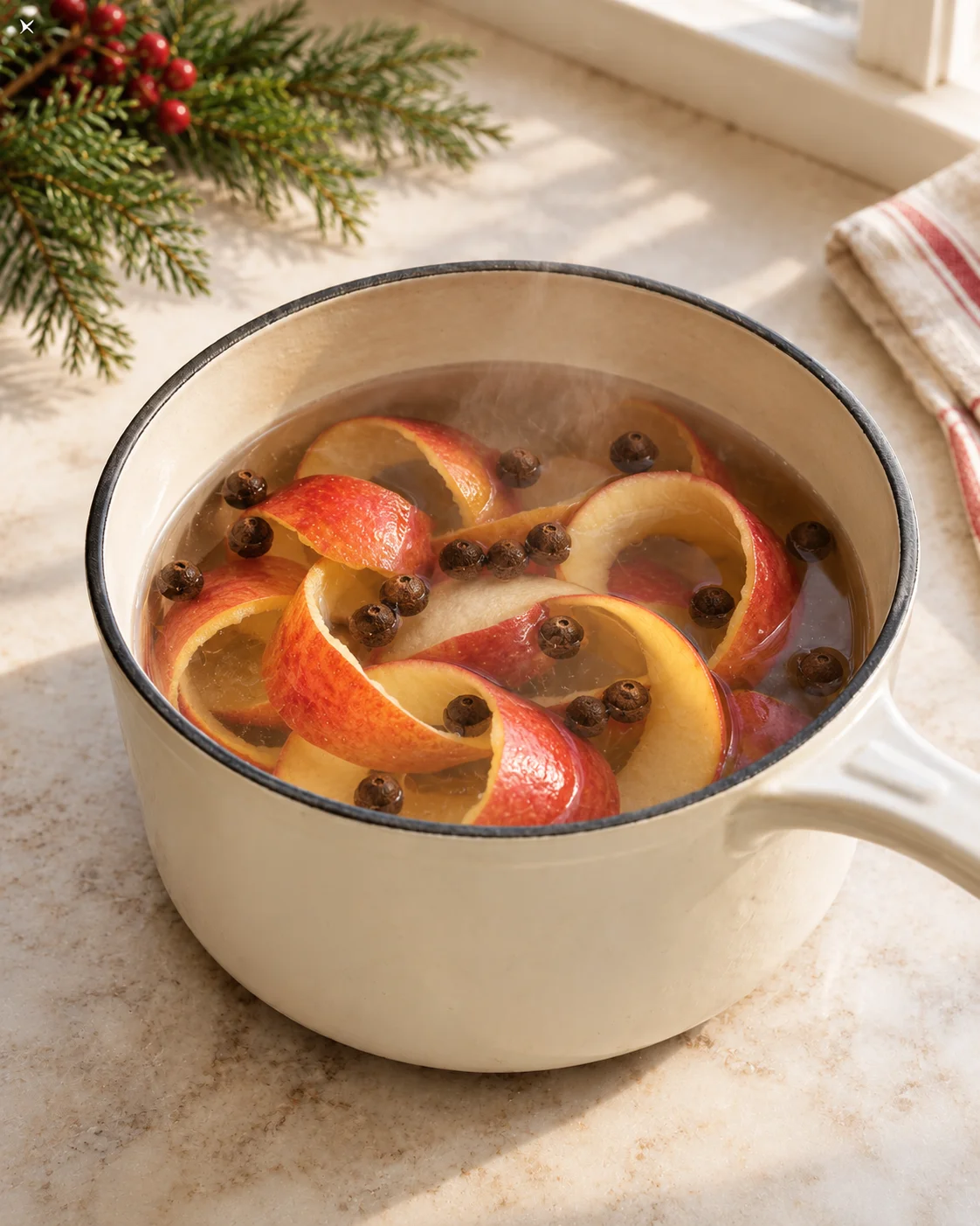 Apple peel and whole allspice berries in a steaming pale enamel saucepan