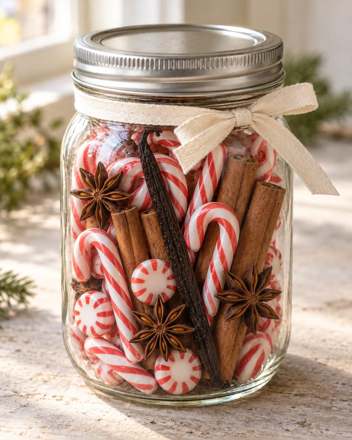 Clear jar of candy canes, peppermint candies, vanilla bean, cinnamon, and star anise