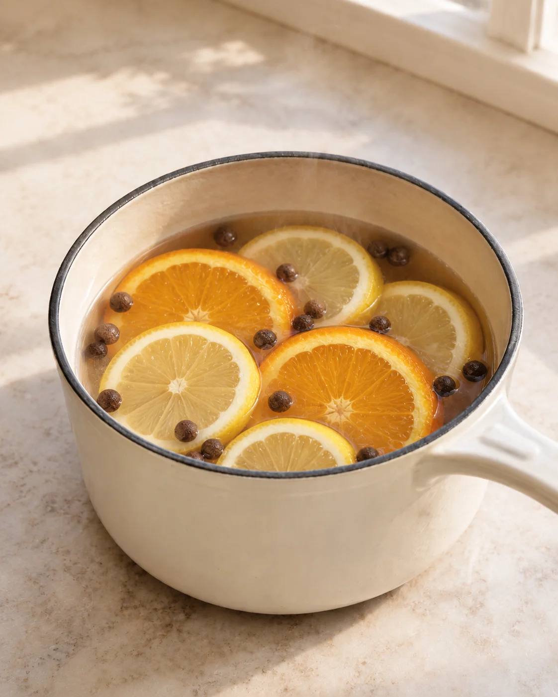 Orange and lemon slices with whole allspice berries in a steaming pale enamel saucepan