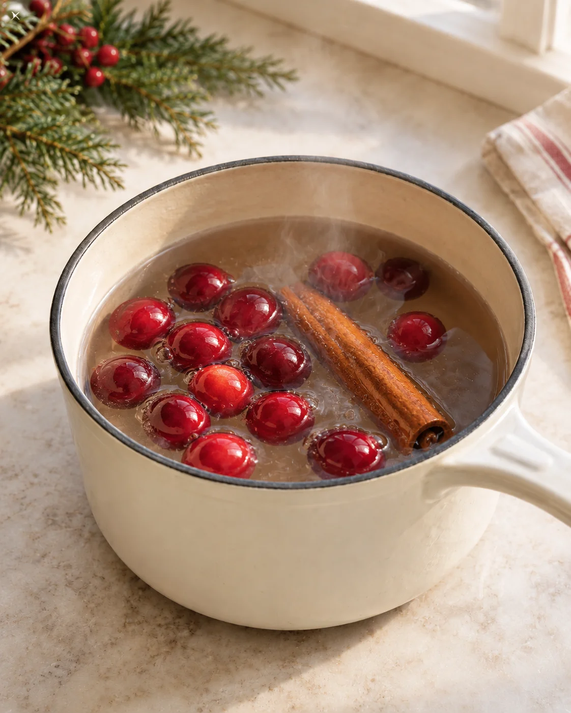 Cranberries and a cinnamon stick in a steaming pale enamel saucepan