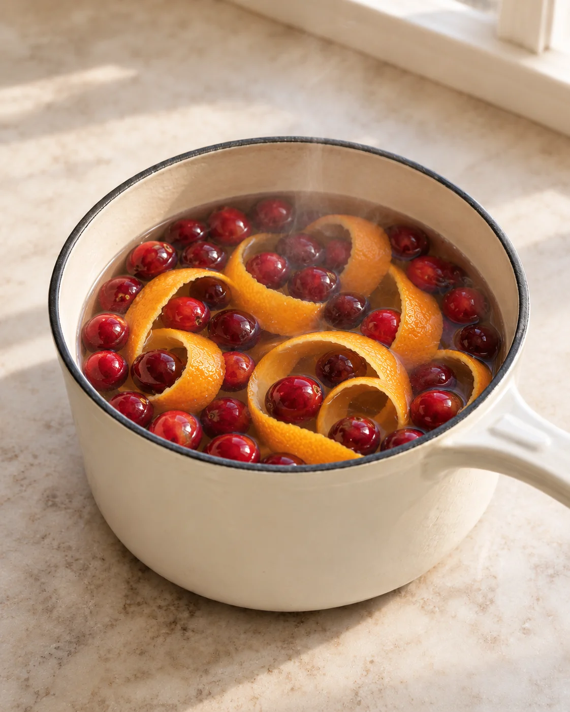 Cranberries and orange peel in a steaming pale enamel saucepan