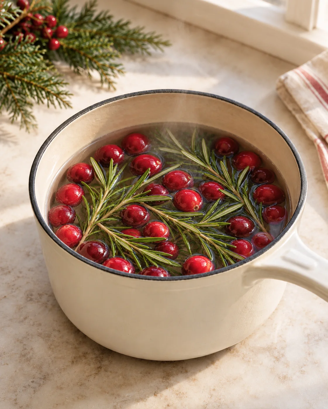 Cranberries and rosemary sprigs in a steaming pale enamel saucepan