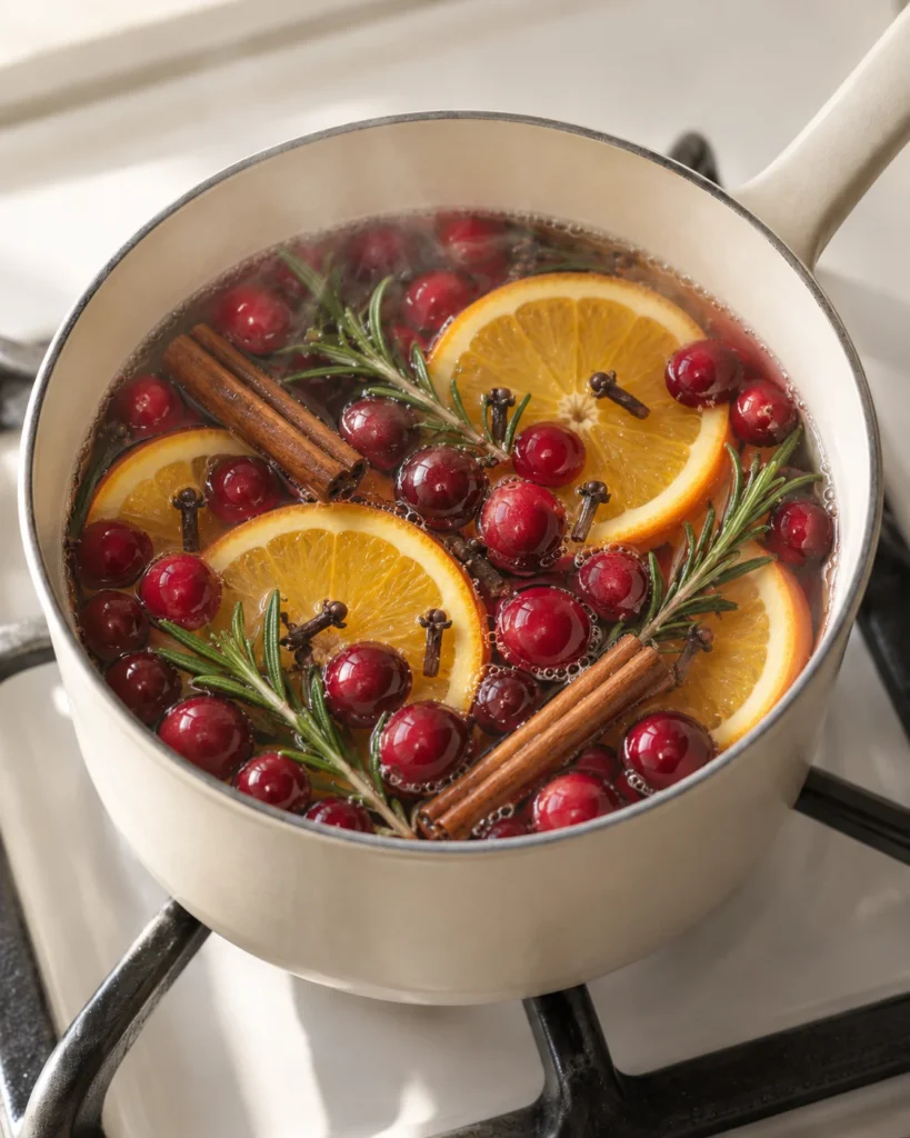 Cream saucepan with cranberries, orange slices, rosemary, cinnamon, and cloves