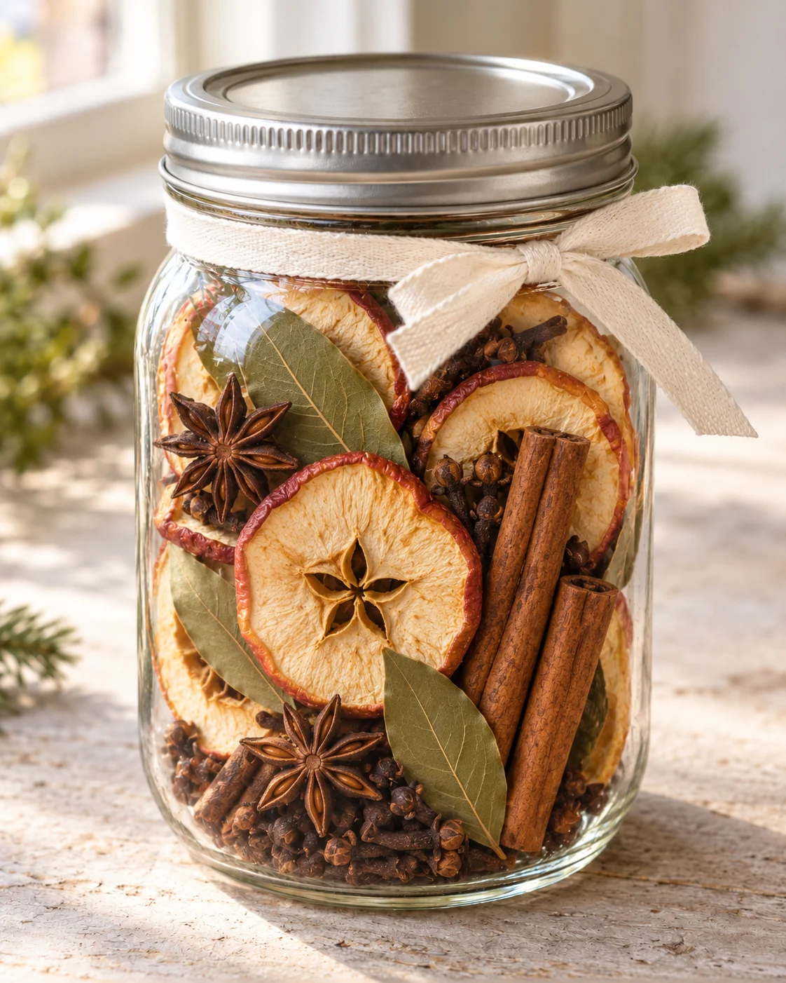 Clear jar filled with dried apple rings, cinnamon, star anise, bay leaves, and spices