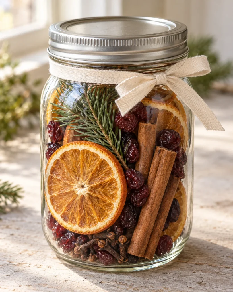 Clear jar of dried orange slices, cranberries, cinnamon, cloves, and evergreen tied with a bow
