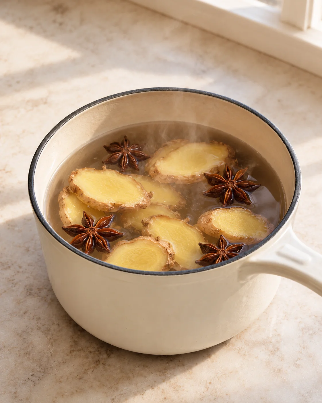 Ginger slices and star anise pods in a steaming pale enamel saucepan