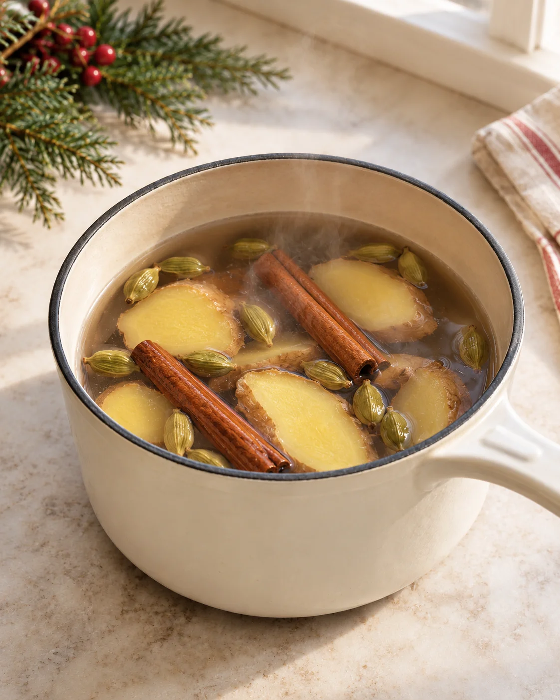 Ginger slices, cinnamon sticks, and green cardamom pods in a steaming saucepan
