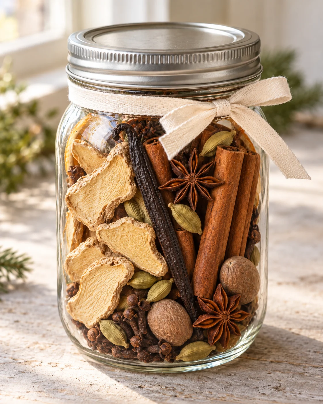Clear jar filled with dried ginger, cinnamon, star anise, cardamom, cloves, nutmeg, and vanilla