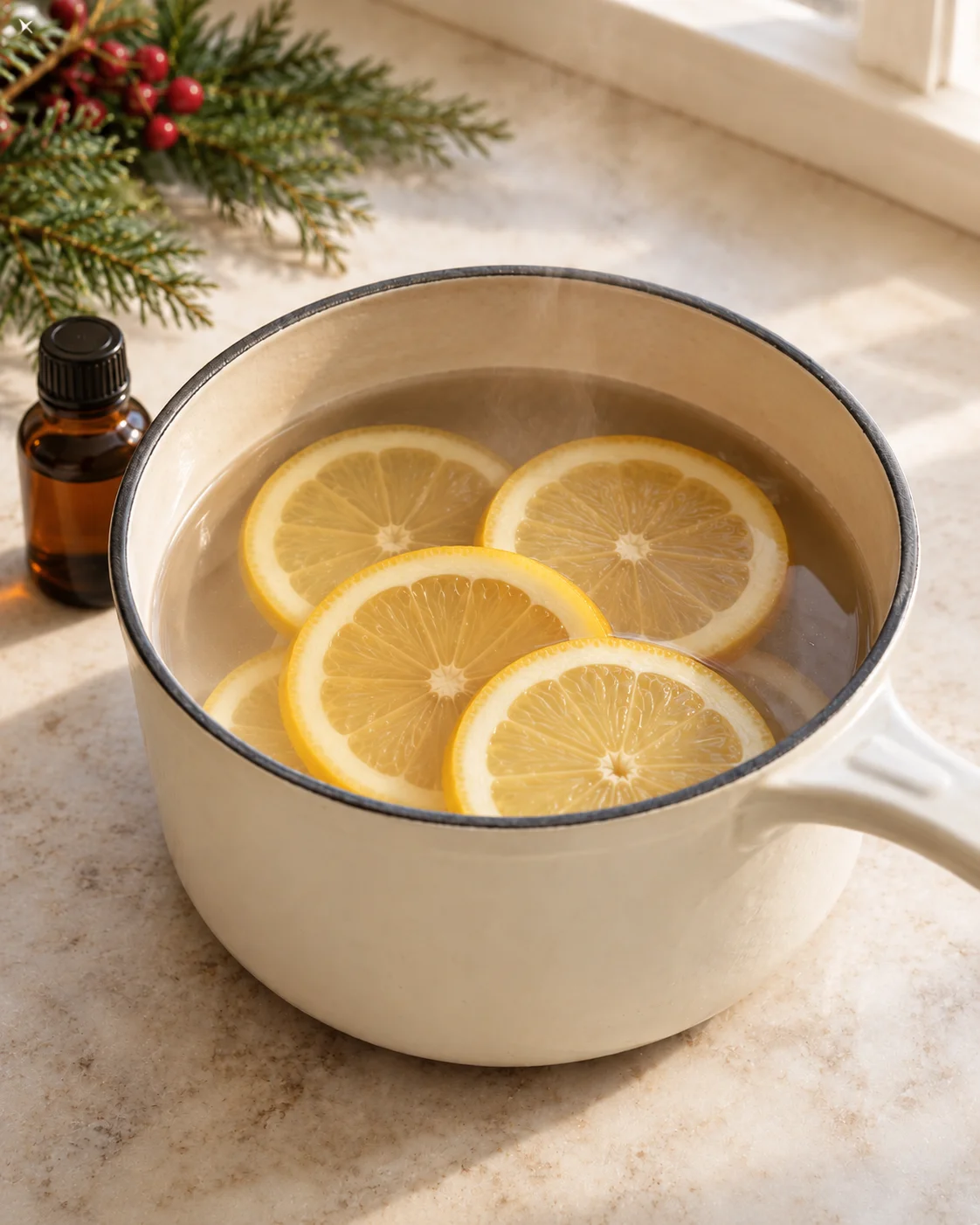 Lemon slices in a steaming pale enamel saucepan with an amber bottle nearby