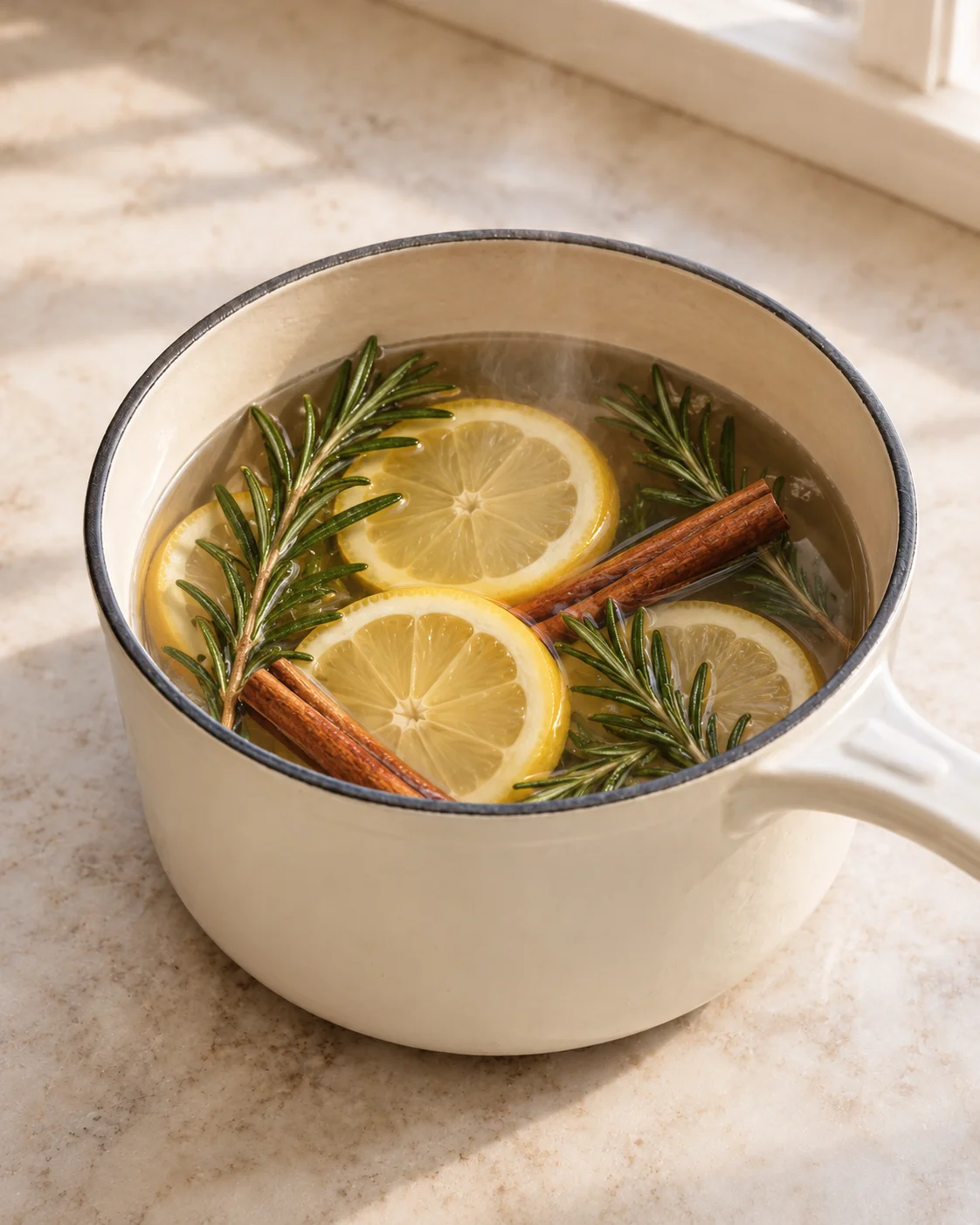 Lemon slices, rosemary sprigs, and cinnamon sticks in a steaming pale enamel saucepan
