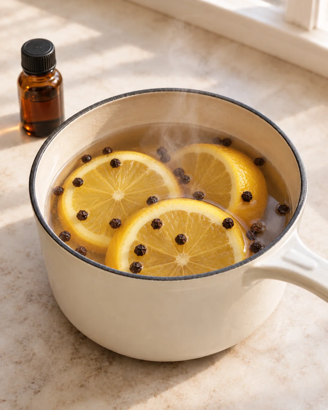 Lemon slices and black peppercorns in a steaming pale enamel saucepan with an amber bottle nearby