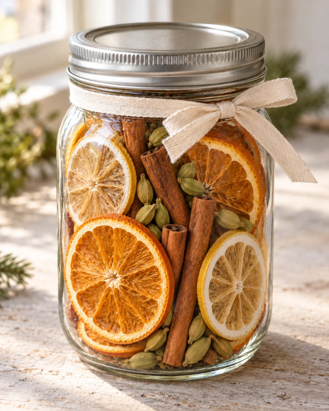 Clear jar of dried orange and lemon slices with cardamom pods and cinnamon