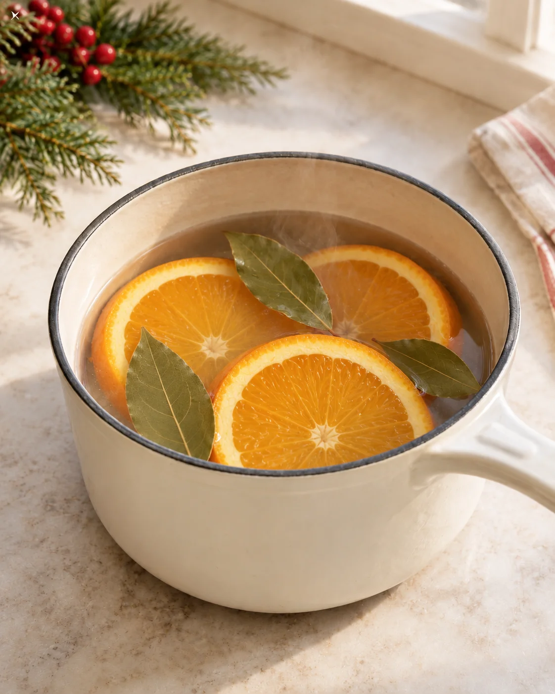 Orange slices and bay leaves in a steaming pale enamel saucepan