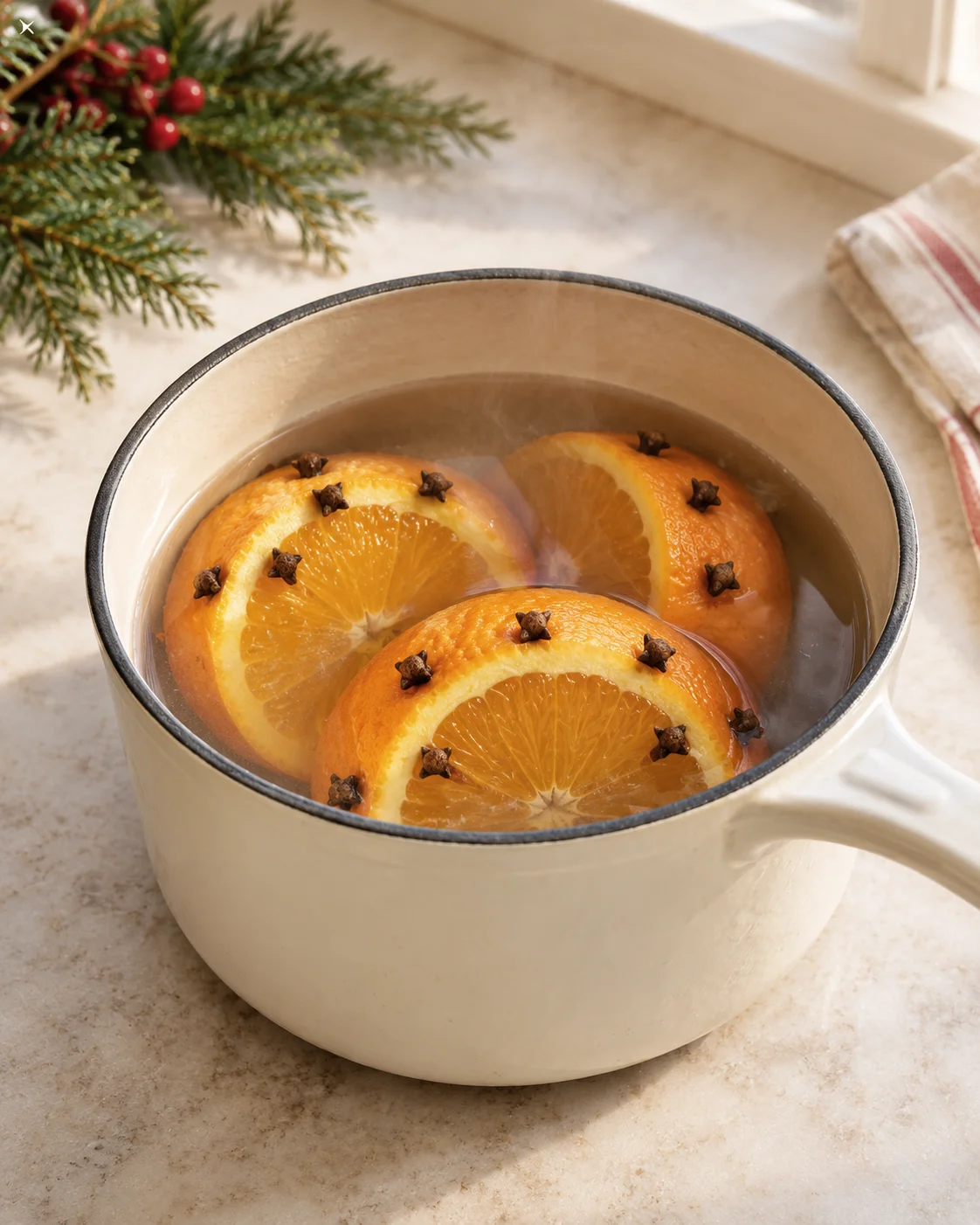 Orange slices studded with cloves in a steaming pale enamel saucepan