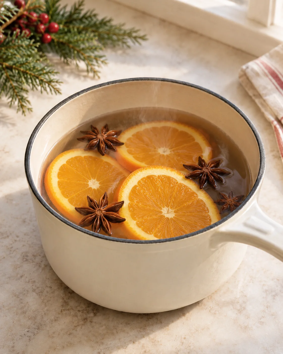 Orange slices and star anise pods in a steaming pale enamel saucepan