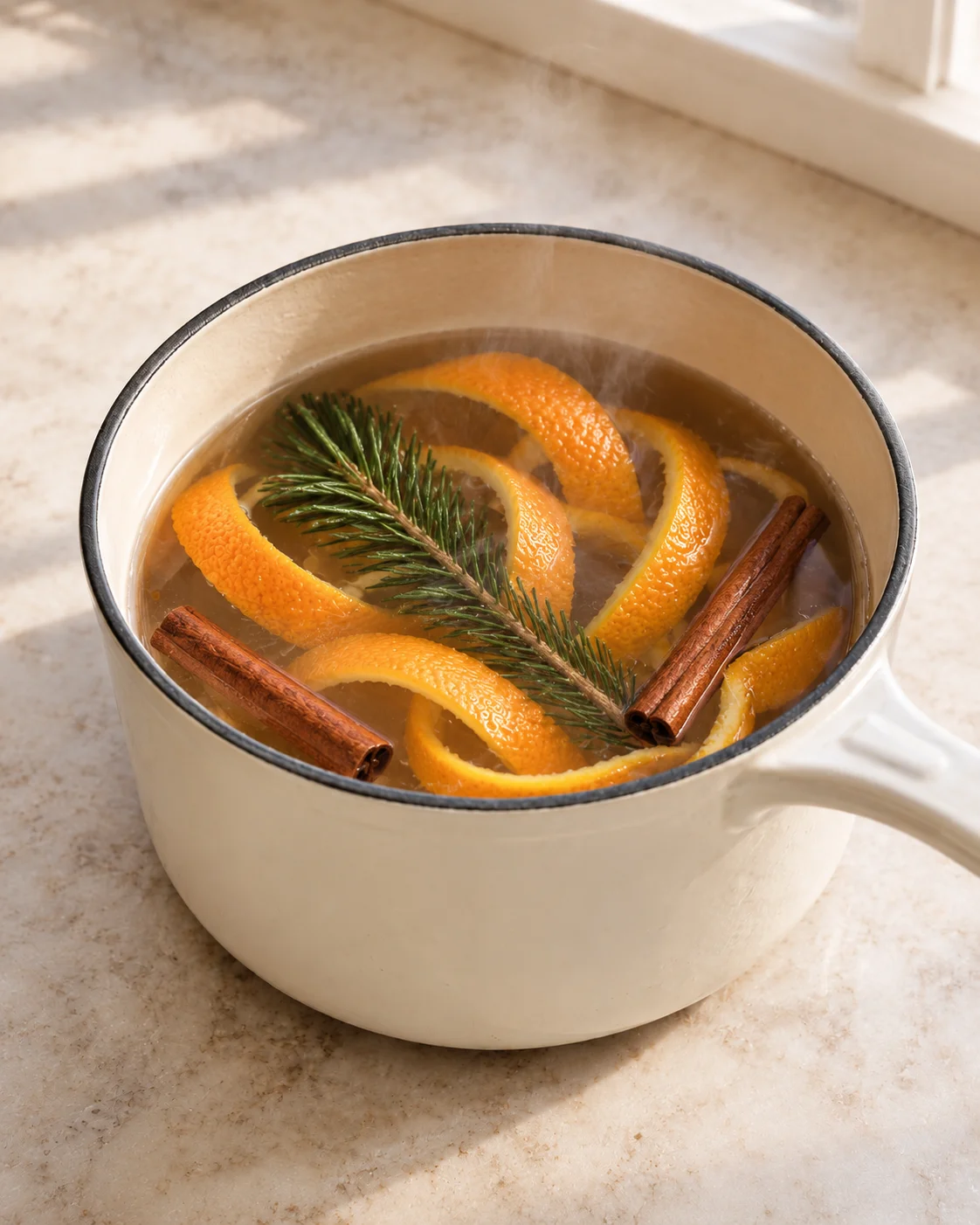 Orange peel, cinnamon sticks, and pine branch in a steaming pale enamel saucepan