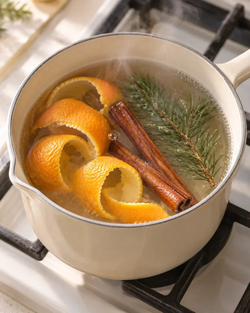 Pale enamel saucepan with orange peel, cinnamon sticks, and pine sprigs simmering on a stovetop