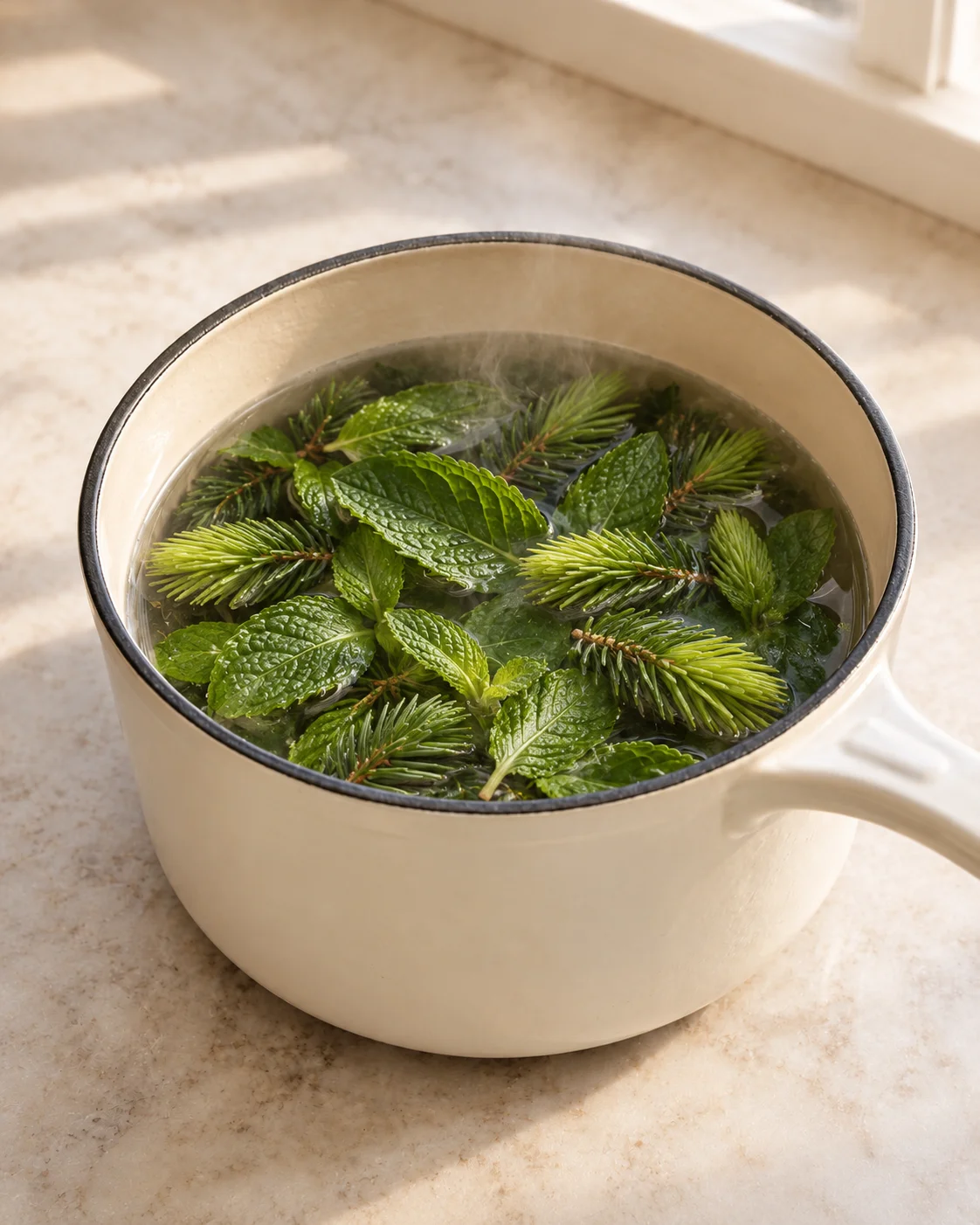 Mint leaves and balsam evergreen sprigs in a steaming pale enamel saucepan