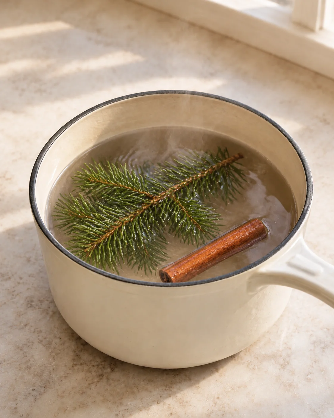 Pine branch and cinnamon stick in a steaming pale enamel saucepan