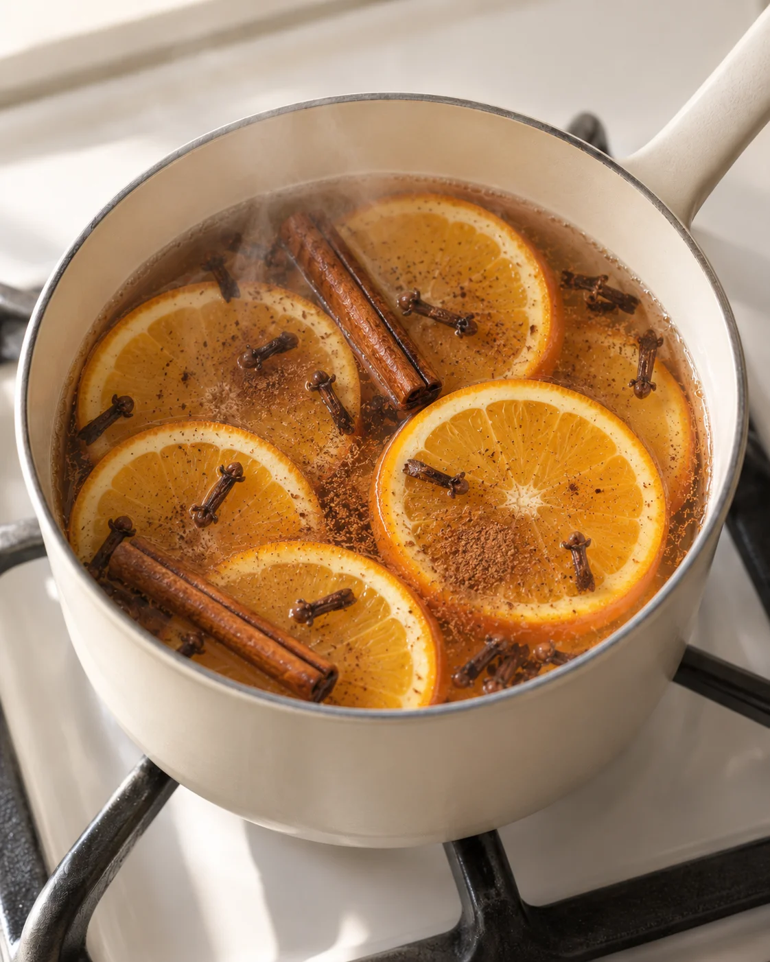 Cream saucepan with orange rounds, cinnamon, cloves, and ground spice simmering