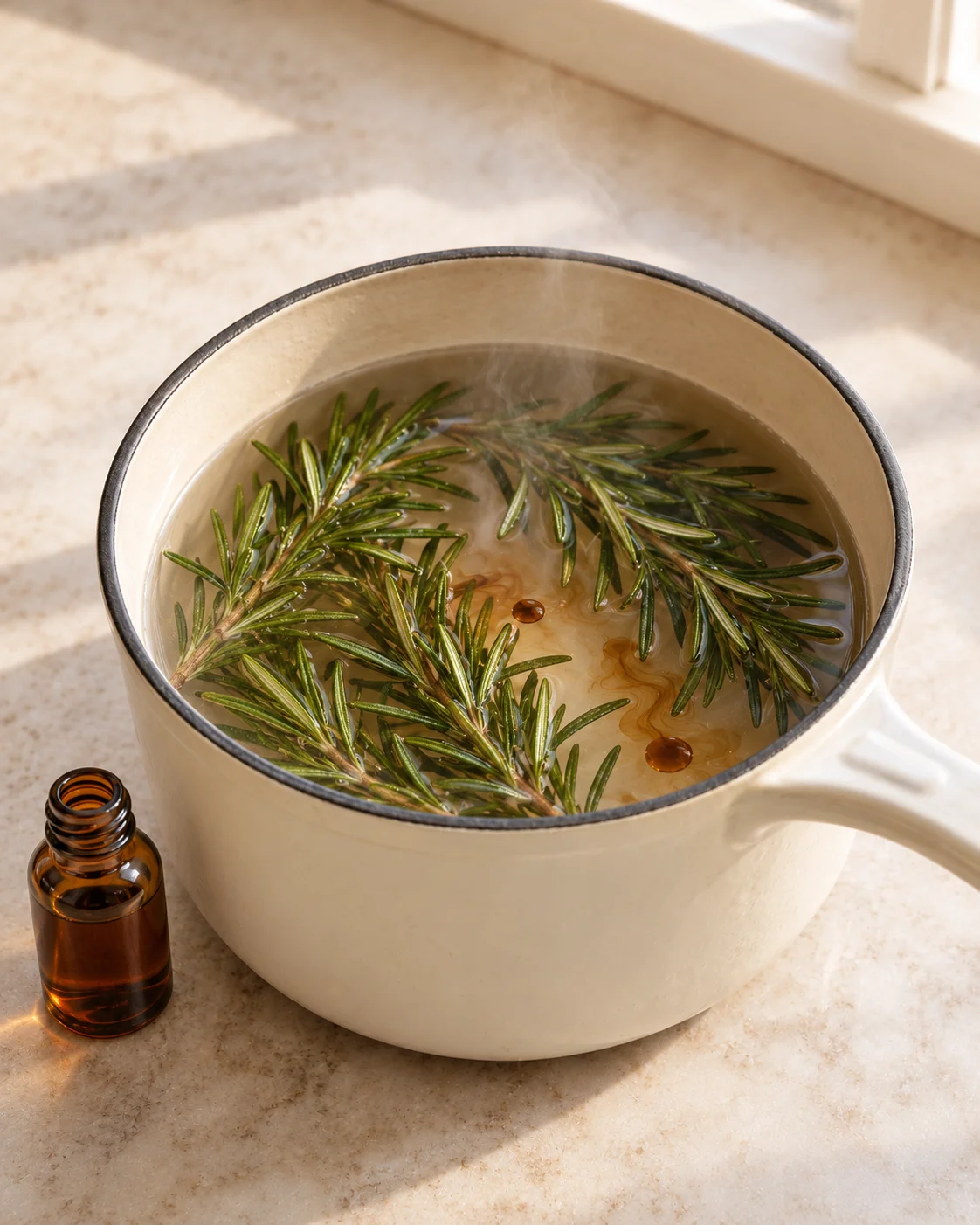 Rosemary sprigs in a steaming pale enamel saucepan with an amber bottle nearby