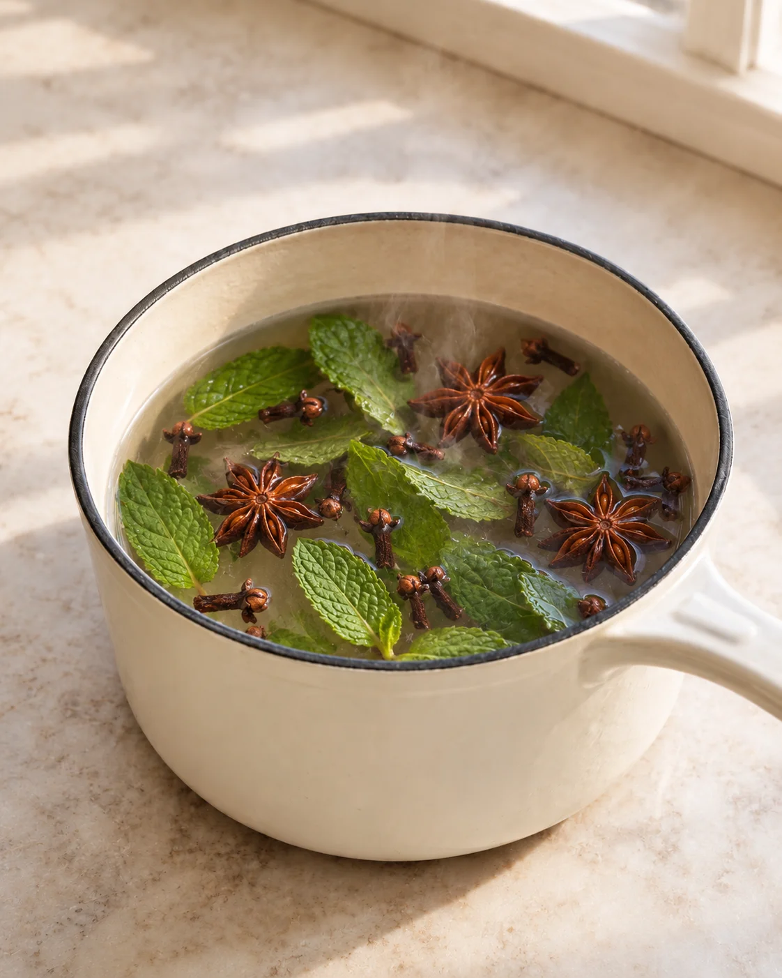 Star anise, whole cloves, and mint leaves in a steaming pale enamel saucepan