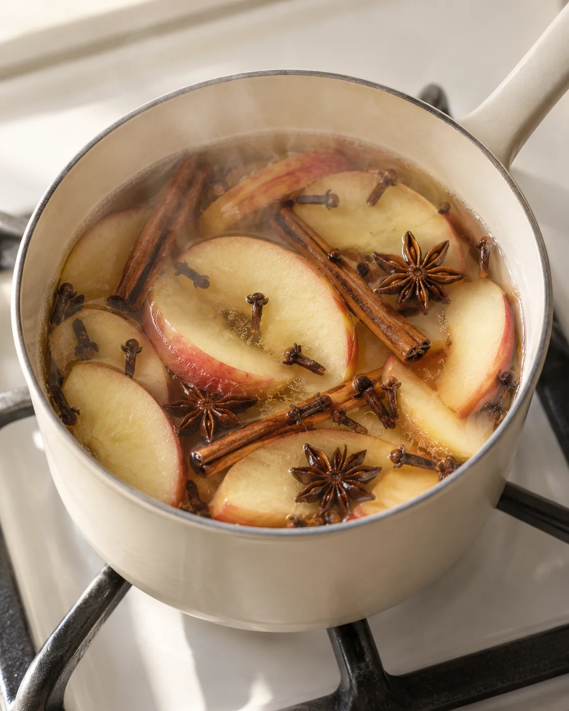 Cream saucepan with apple slices, cinnamon, star anise, and cloves simmering in water