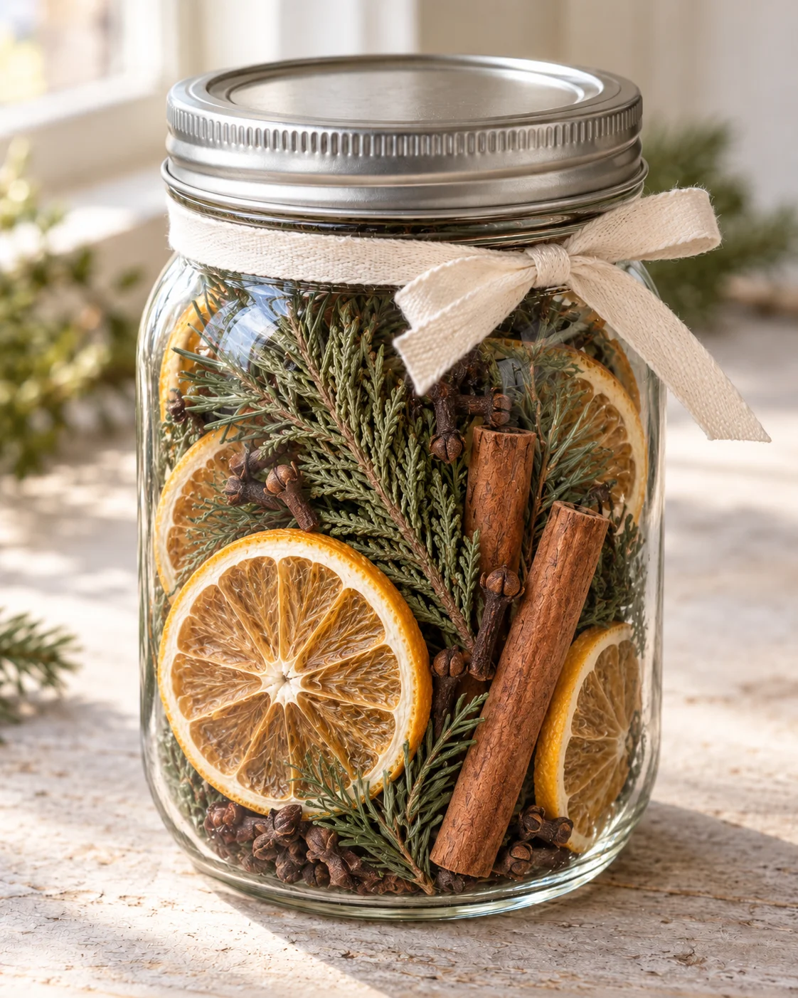 Clear jar with dry conifer clippings, citrus slices, cinnamon, cloves, and spices